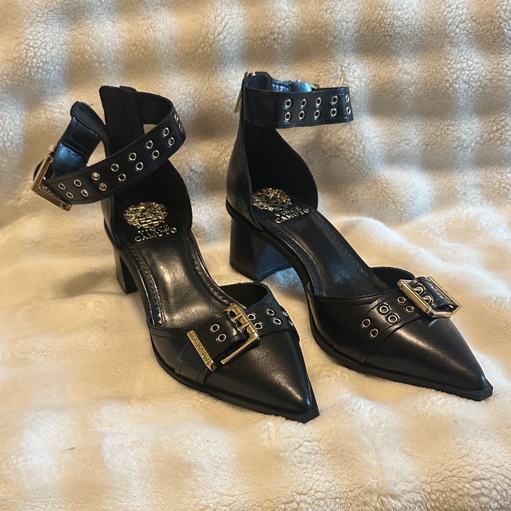 Vince Camuto Black Pointed Ankle-Strap Heels with Studded Buckle